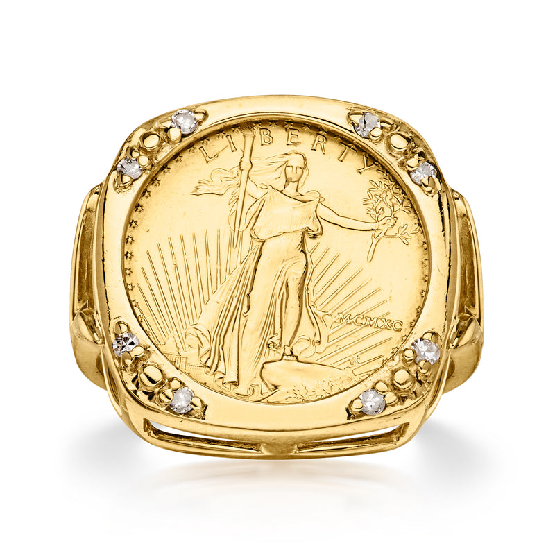 C. 1990 Vintage 14kt Yellow Gold Us Five-Dollar Coin Ring with Diamonds. Size 6.5