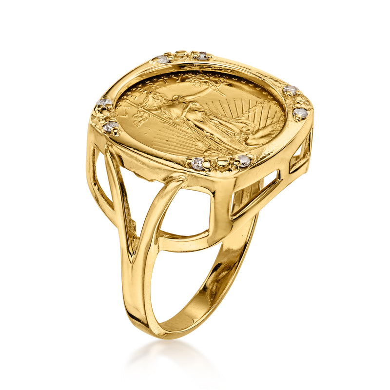 C. 1990 Vintage 14kt Yellow Gold Us Five-Dollar Coin Ring with Diamonds. Size 6.5