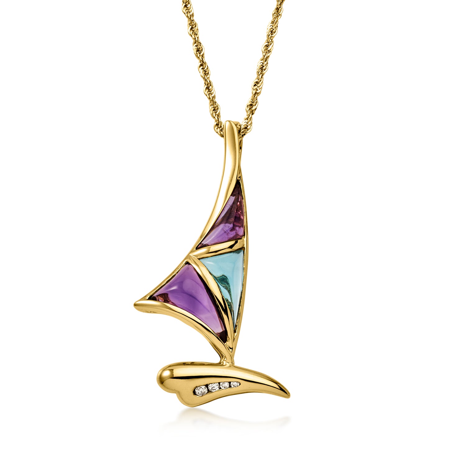 C. 1990 Vintage 2.75 ct. t.w. Amethyst and 2.00 Carat Sky Blue Topaz Sailboat Pendant Necklace with Diamonds in 14kt Yellow Gold