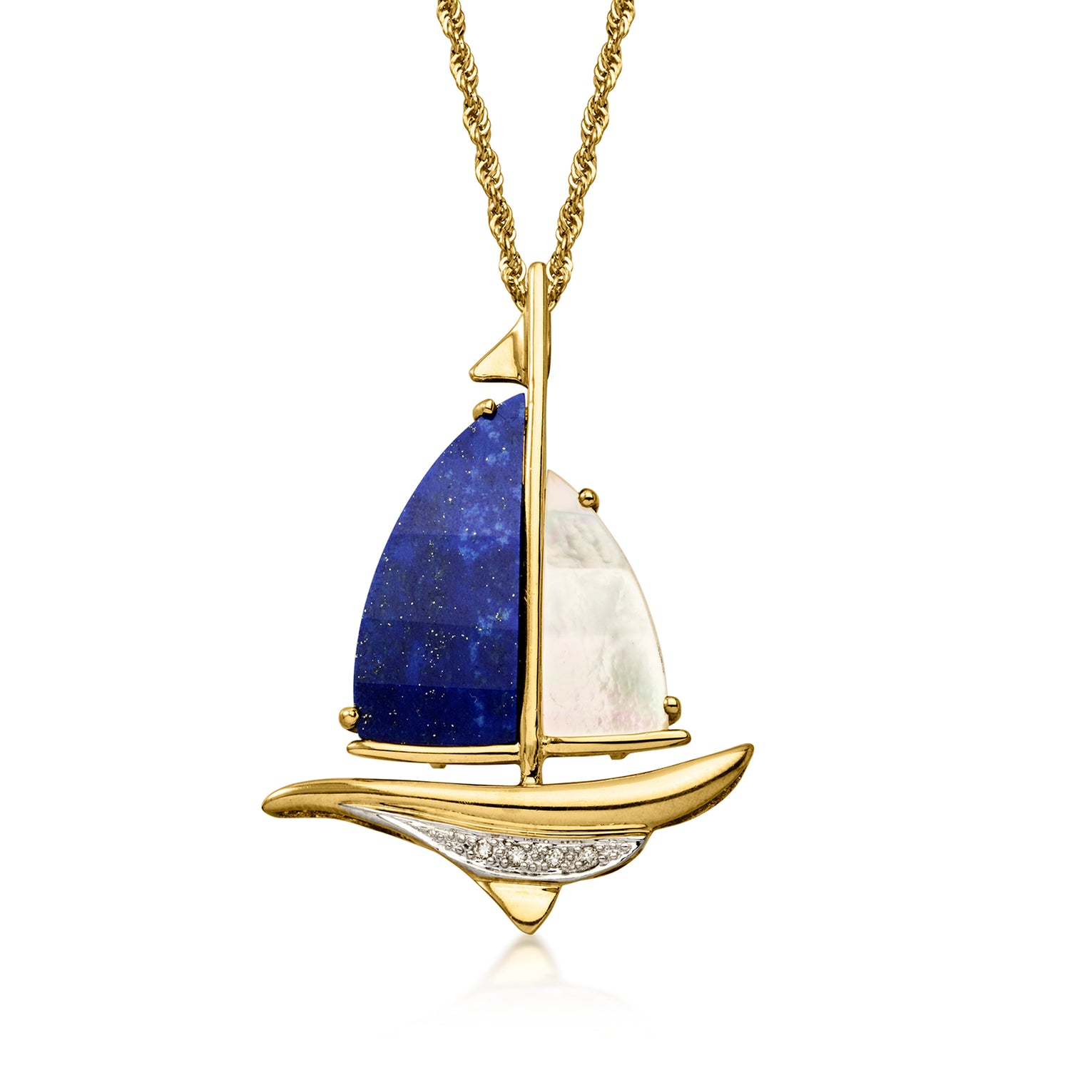 C. 1990 Vintage Lapis and Mother-of-Pearl Sailboat Pendant Necklace with Diamonds in 14kt Yellow Gold