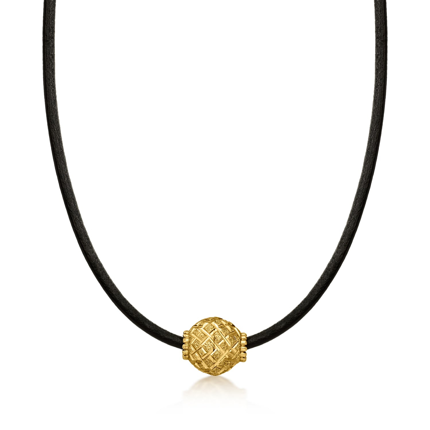 C. 1990 Vintage 10kt Yellow Gold Basketweave Barrel Pendant Necklace with Black Leather Cord and 18kt Gold Over Sterling