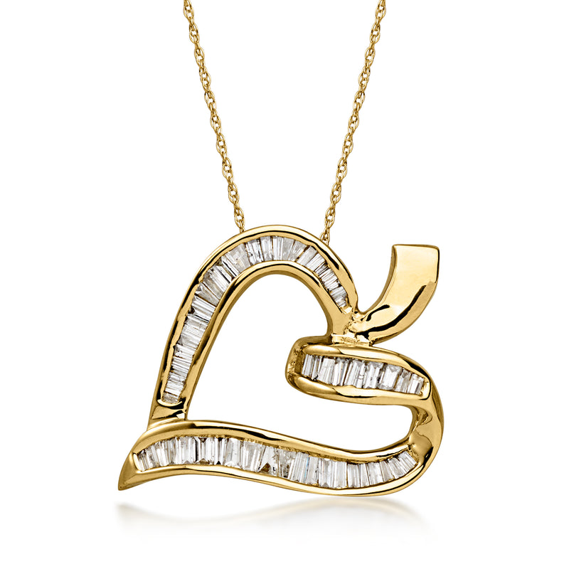 C. 1980 Vintage 1.00 ct. t.w. Baguette Diamond Heart Pendant Necklace in 14kt Yellow Gold. 18"