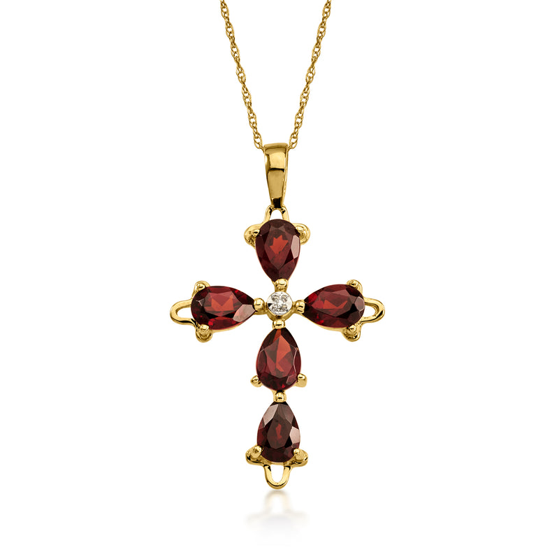 C. 1980 Vintage 2.00 ct. t.w. Garnet Cross Pendant Necklace with Single Diamond in 14kt Yellow Gold. 18"