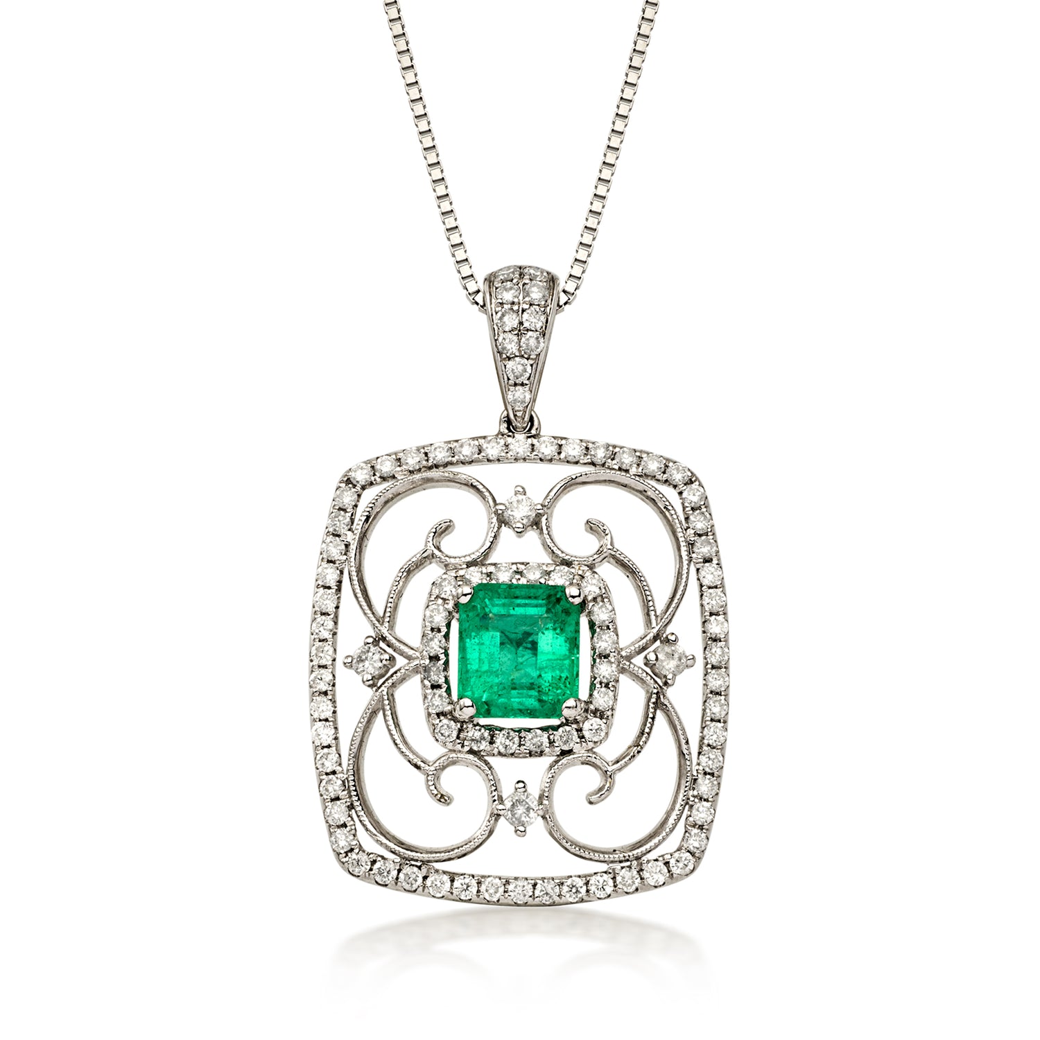 C. 2000 Vintage 1.55 Carat Emerald and 1.35 ct. t.w. Diamond Openwork Pendant Necklace in 18kt White Gold
