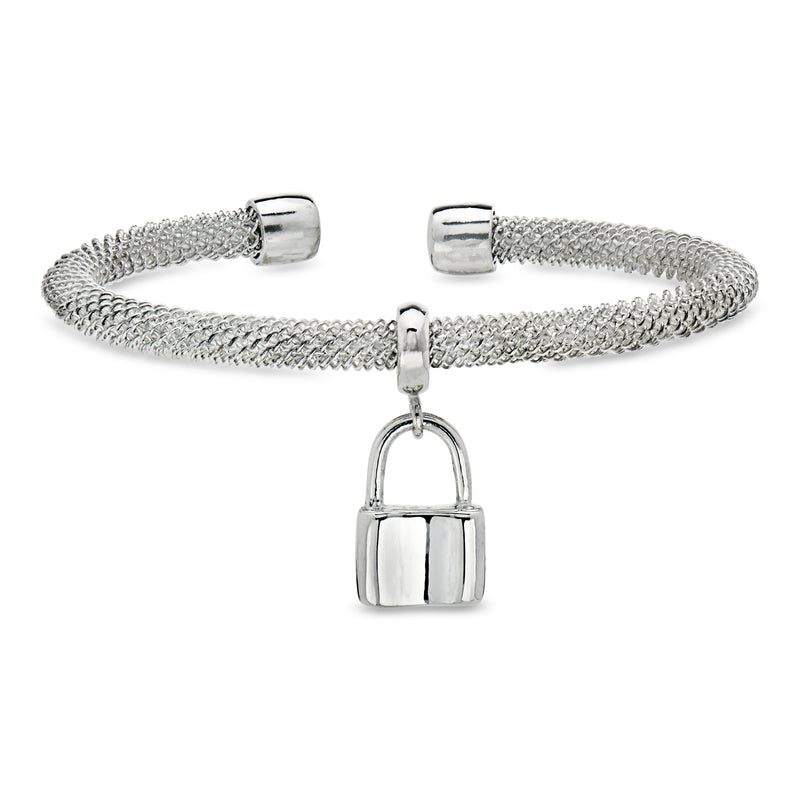 C. 2000 Vintage Sterling Silver Mesh Bangle Bracelet with Lock Charm. 7"