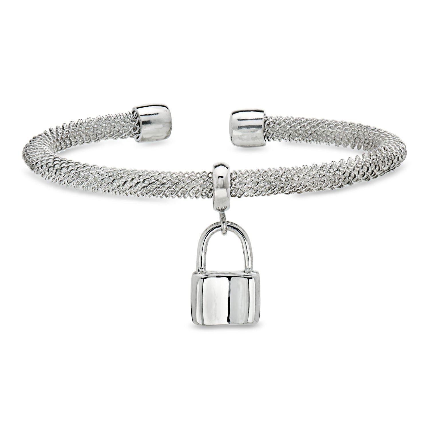 Pre-owned Ross-simons C. 2000 Vintage Sterling Silver Mesh Bangle Bracelet With Lock Charm