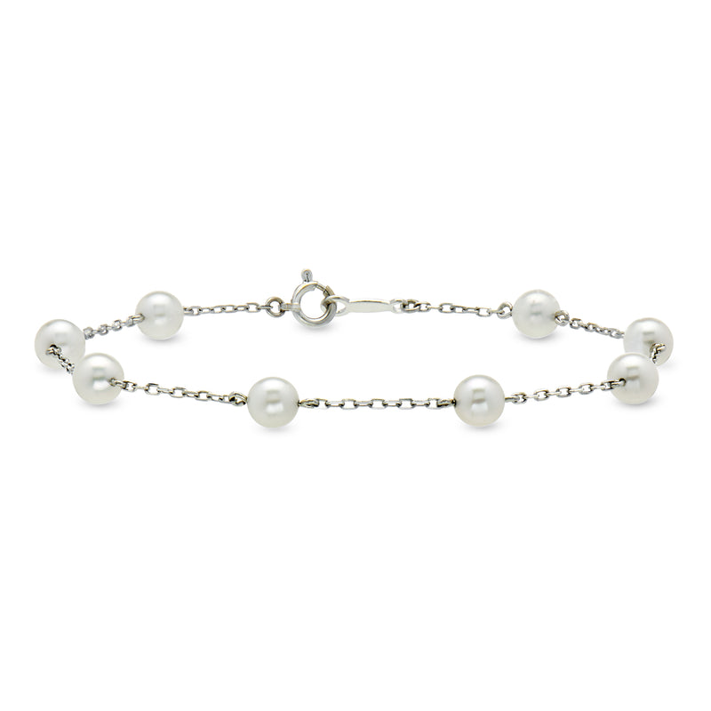 C. 1990 Vintage Mikimoto 5mm Cultured Pearl Station Bracelet in 18kt White Gold. 7"
