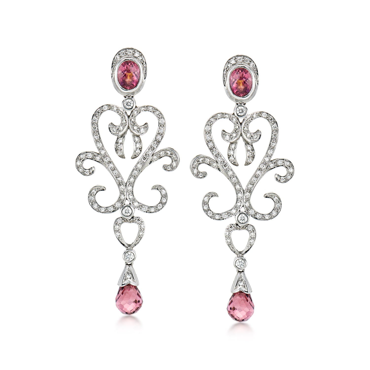 C. 2000 Vintage 5.00 ct. t.w. Pink Tourmaline and 1.50 ct. t.w. Diamond Drop Earrings in 18kt White Gold