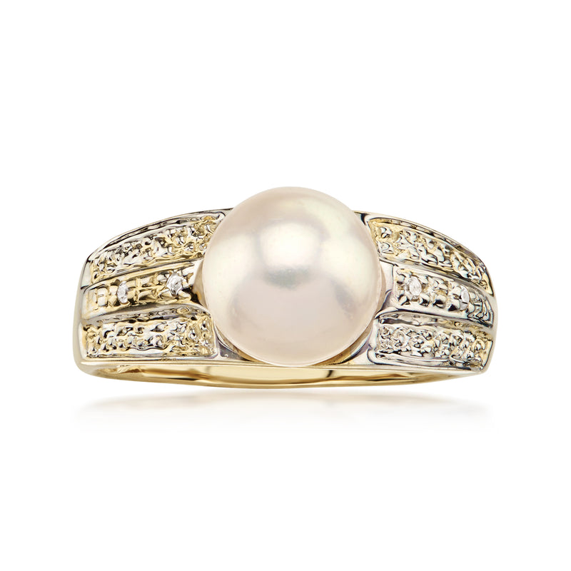 C. 1990 Vintage 8mm Cultured Pearl Ring with Diamonds in 14kt Two-Tone Gold. Size 7