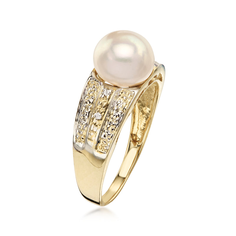C. 1990 Vintage 8mm Cultured Pearl Ring with Diamonds in 14kt Two-Tone Gold. Size 7
