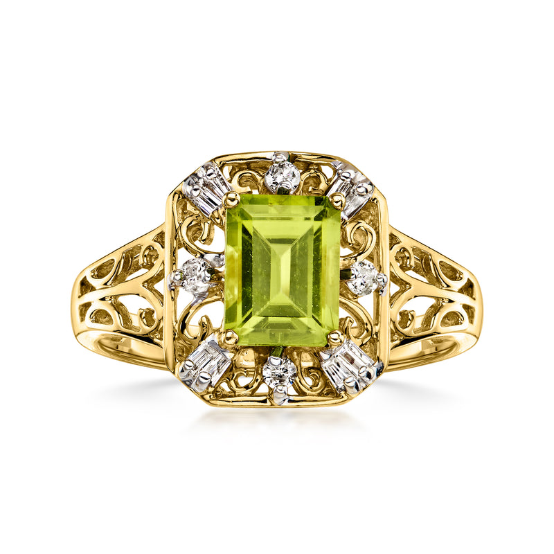 C. 1990 Vintage 2.00 Carat Peridot Openwork Ring with .30 ct. t.w. Diamonds in 14kt Yellow Gold. Size 7