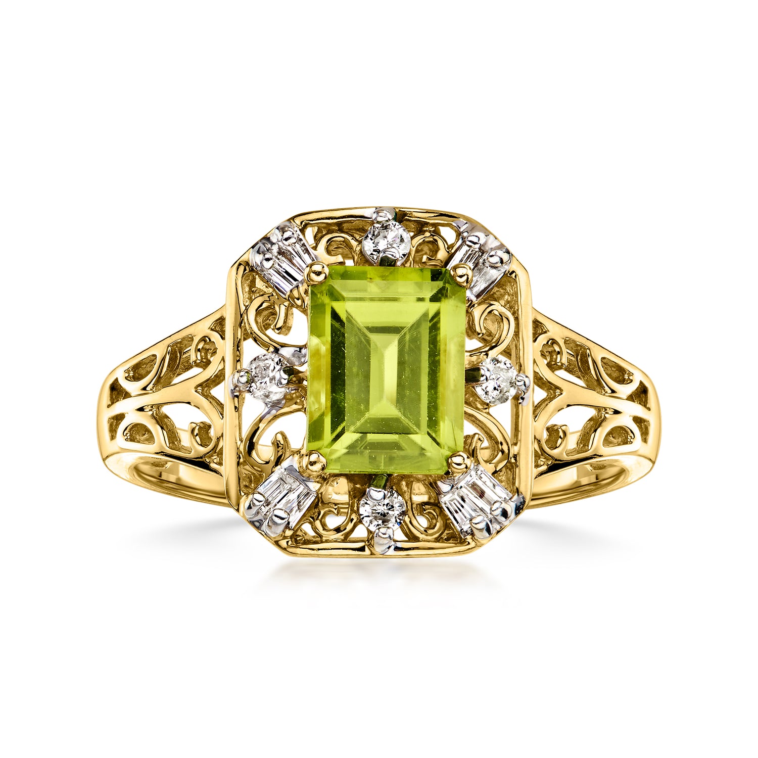 Pre-owned Ross-simons C. 1990 Vintage 2.00 Carat Peridot Openwork Ring With .30 Ct. T.w. Diamonds In 14kt Yellow Gold