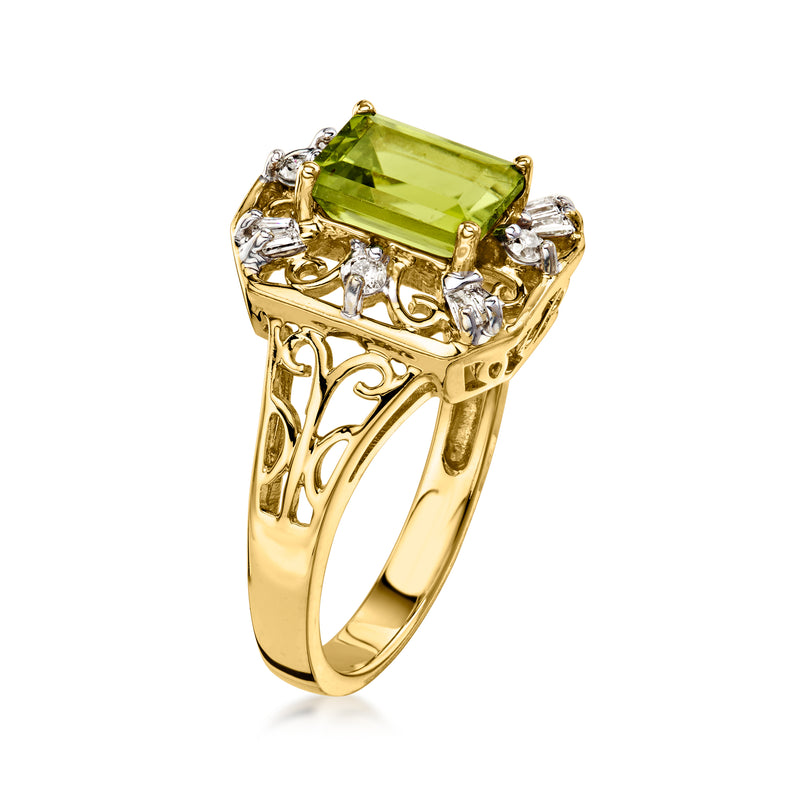 C. 1990 Vintage 2.00 Carat Peridot Openwork Ring with .30 ct. t.w. Diamonds in 14kt Yellow Gold. Size 7