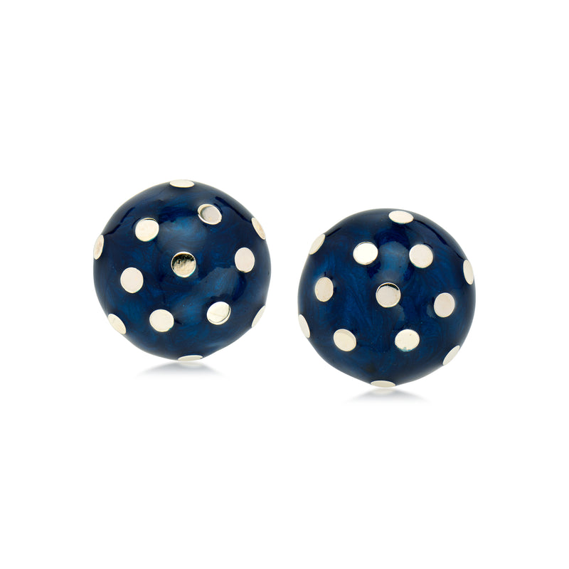 C. 1980 Vintage Blue Enamel Button Earrings in 14kt Yellow Gold