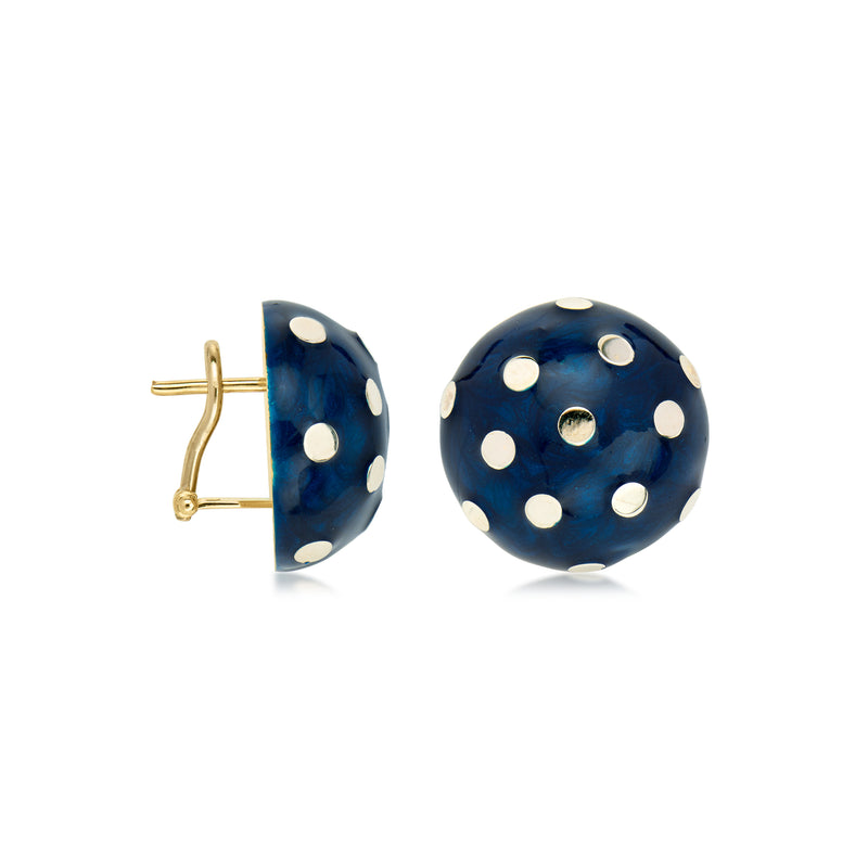 C. 1980 Vintage Blue Enamel Button Earrings in 14kt Yellow Gold