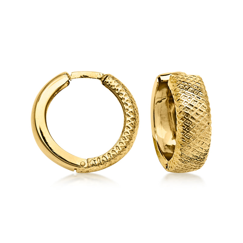 C. 1990 Vintage 14kt Yellow Gold Patterned Hoop Earrings. 9/16"