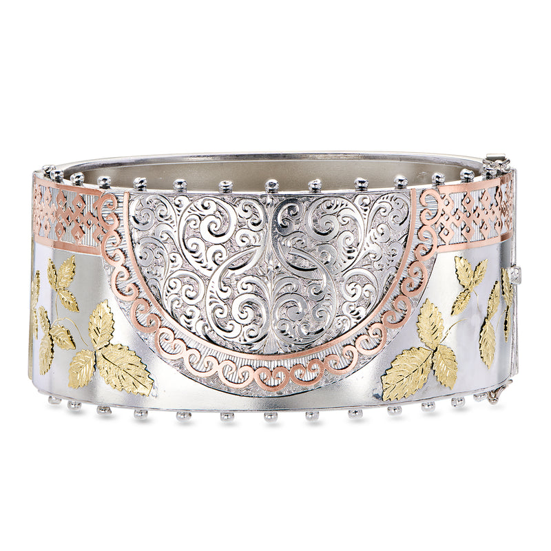 C. 1960 Vintage Etched Bangle Bracelet in Sterling Silver and 14kt Two-Tone Gold Over Sterling. 7"