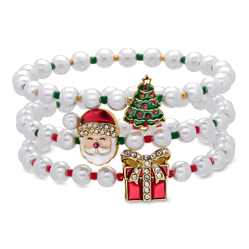 14kt Yellow Gold-Plated Jewelry Set: Three Christmas Stretch Bracelets with Simulated Gems/Pearls