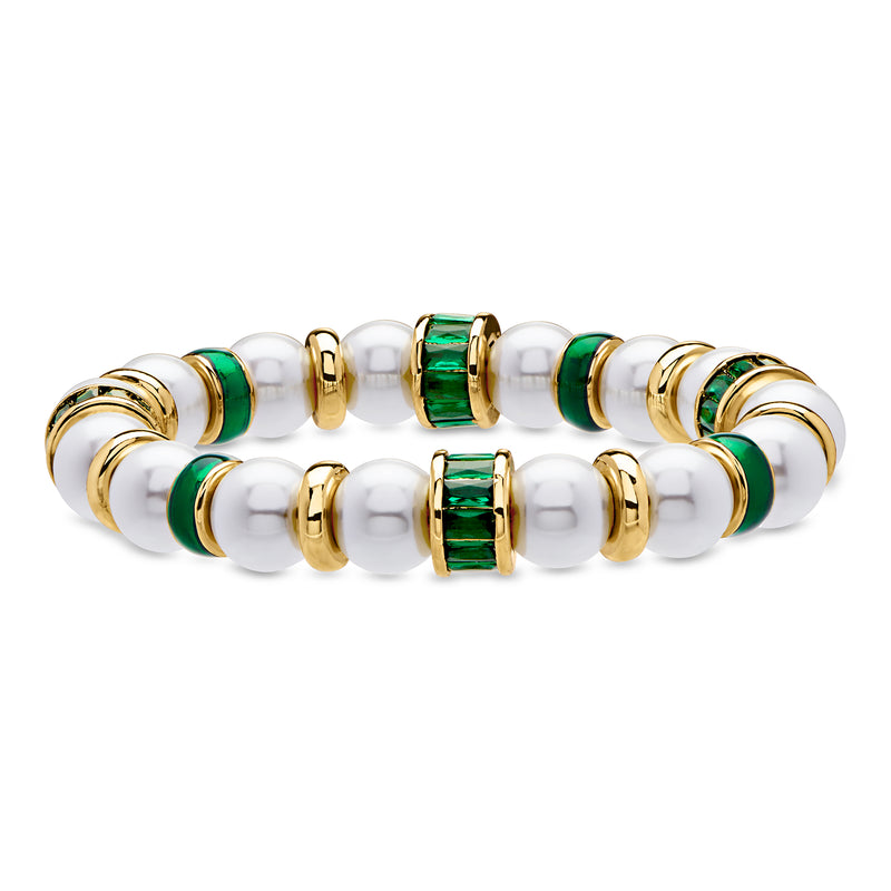 Simulated Pearl Stretch Bracelet with Simulated Green Gemstones