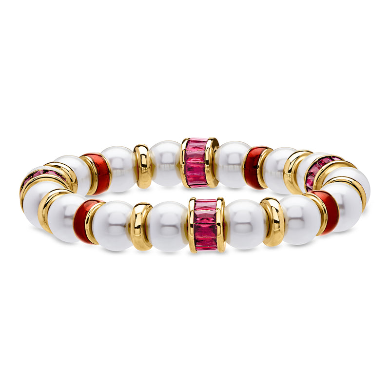 Simulated Pearl Stretch Bracelet with Simulated Red Gemstones