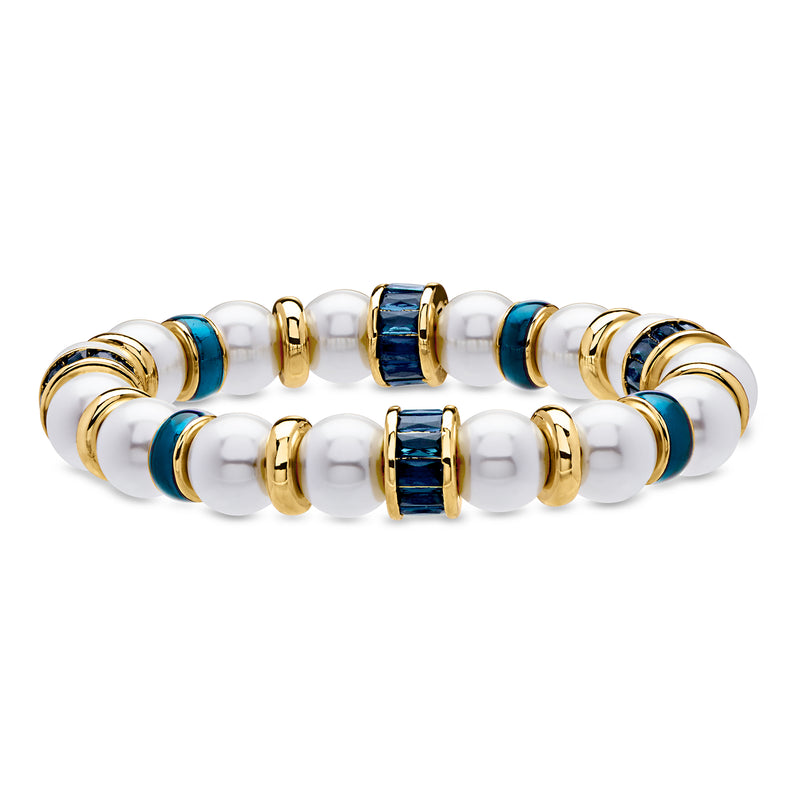 Simulated Pearl Stretch Bracelet with Simulated Blue Gemstones