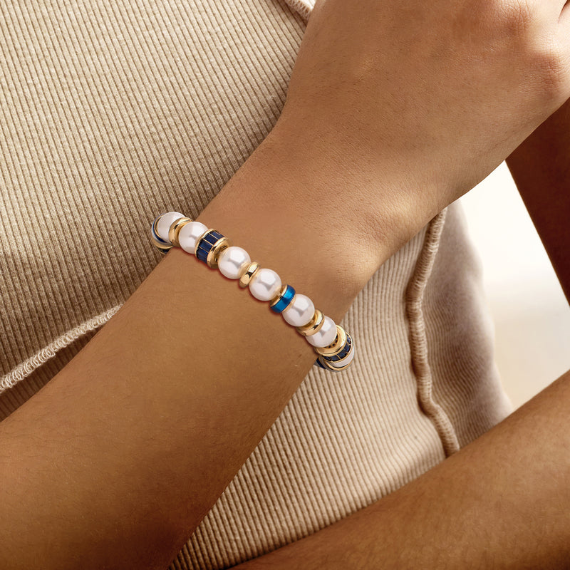 Simulated Pearl Stretch Bracelet with Simulated Blue Gemstones