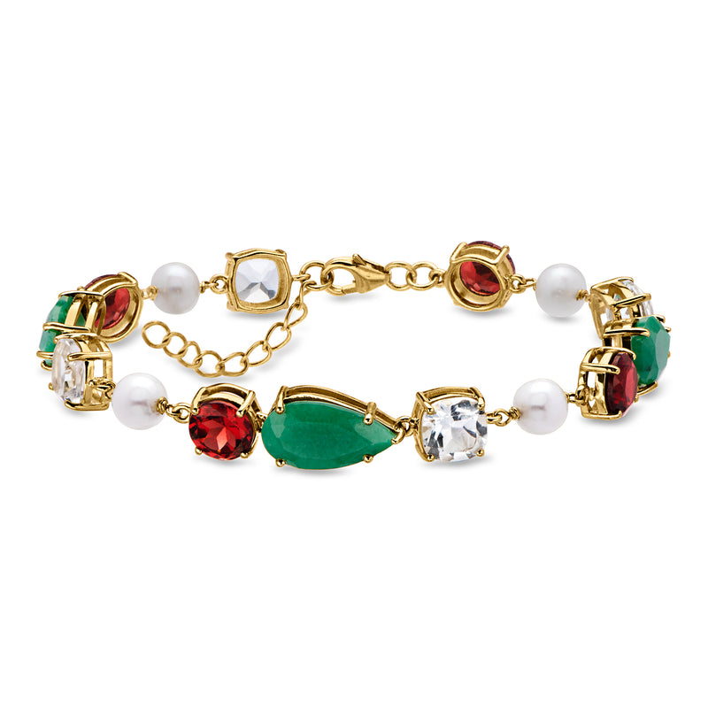 21.00 ct. t.w. Multi-Gemstone Christmas Bracelet with 6mm Cultured Pearls in 18kt Gold Over Sterling. 7"