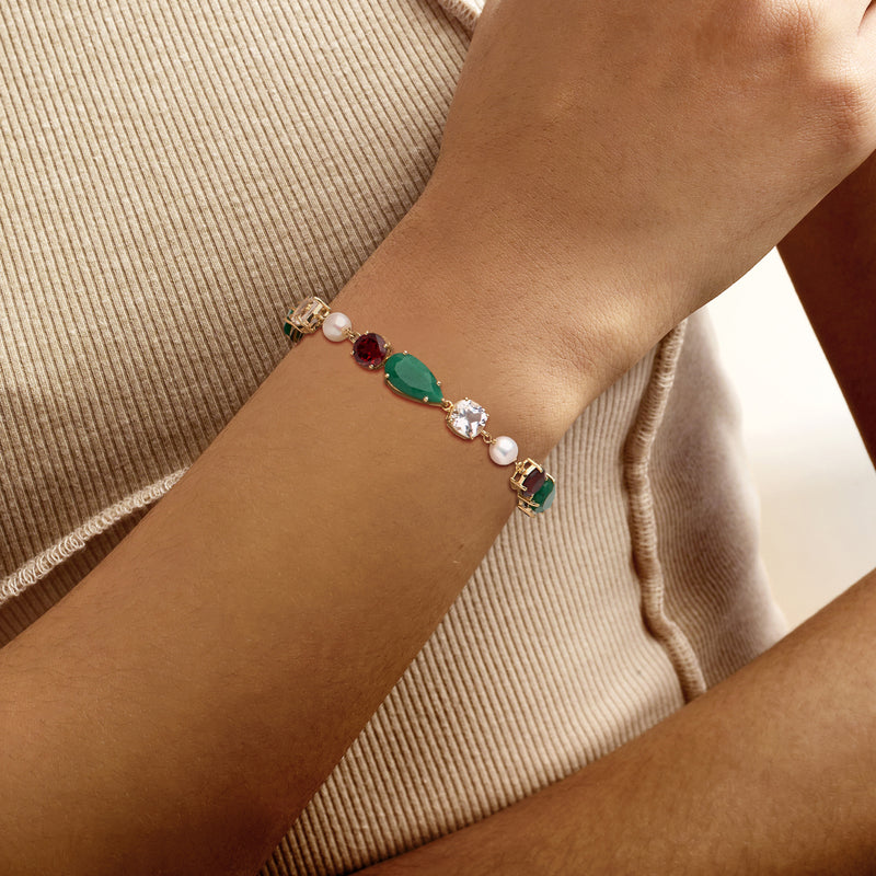 21.00 ct. t.w. Multi-Gemstone Christmas Bracelet with 6mm Cultured Pearls in 18kt Gold Over Sterling. 7"