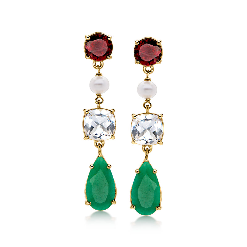 13.20 ct. t.w. Multi-Gemstone Christmas Drop Earrings with 5mm Cultured Pearls in 18kt Gold Over Sterling