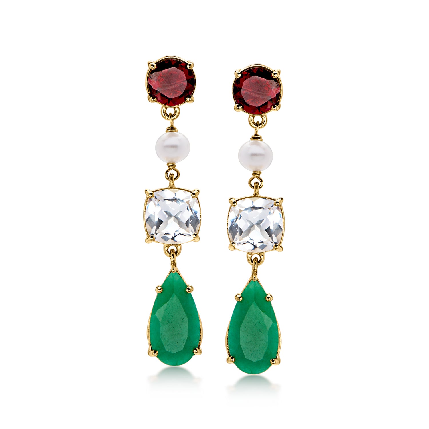 Ross-simons 13.20 Ct. T.w. Multi-gemstone Christmas Drop Earrings With 5mm Cultured Pearls In 18kt Gold Over Ste