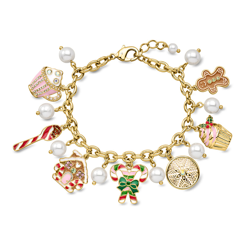 14kt Yellow Gold-Plated Christmas Sweet Treat Charm Bracelet with Simulated Gems/Pearls. 7"