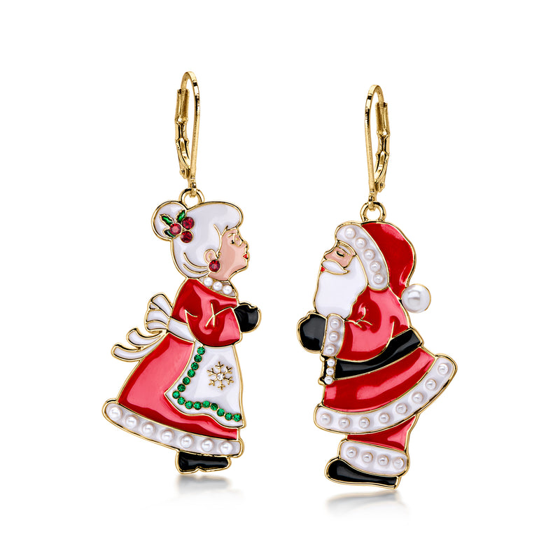 14kt Yellow Gold-Plated Mr. and Mrs. Claus Drop Earrings with Simulated Gems/Pearls