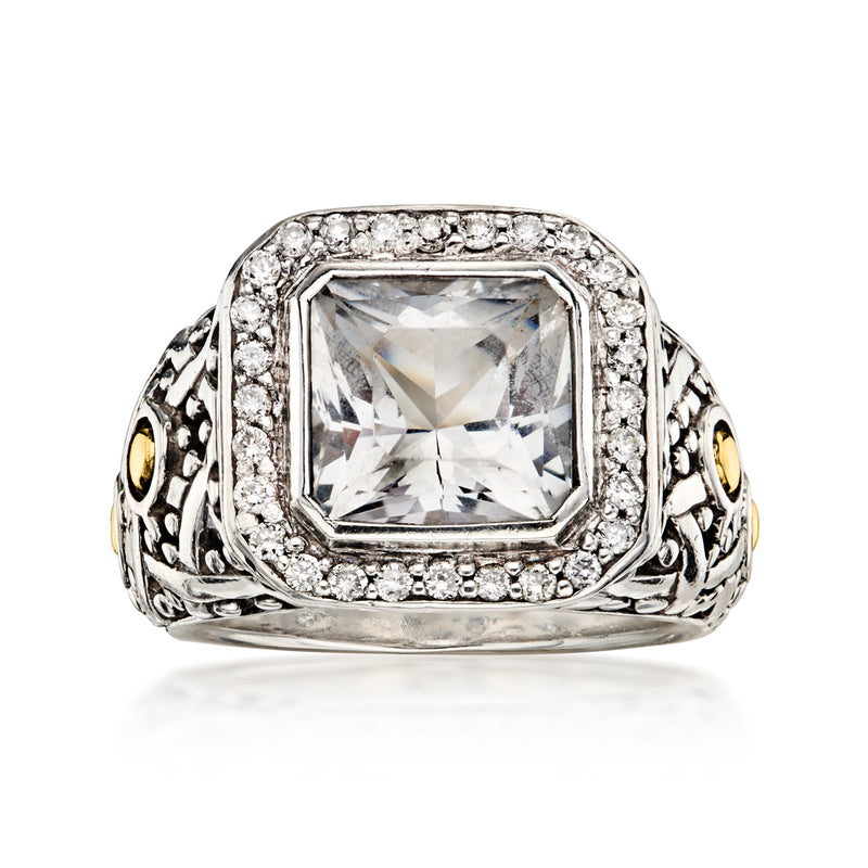 C. 1990 Vintage John Hardy 1.30 Carat White Topaz Ring with .45 ct. t.w. Diamonds in Sterling Silver and 18kt Yellow Gold. Size 6