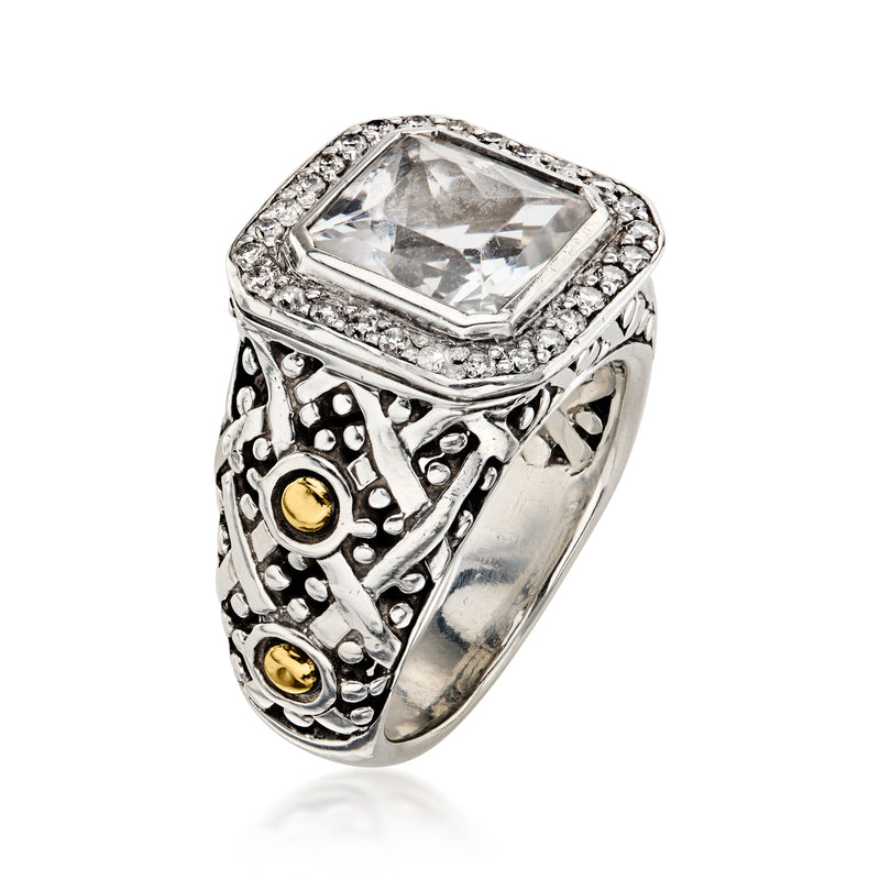C. 1990 Vintage John Hardy 1.30 Carat White Topaz Ring with .45 ct. t.w. Diamonds in Sterling Silver and 18kt Yellow Gold. Size 6