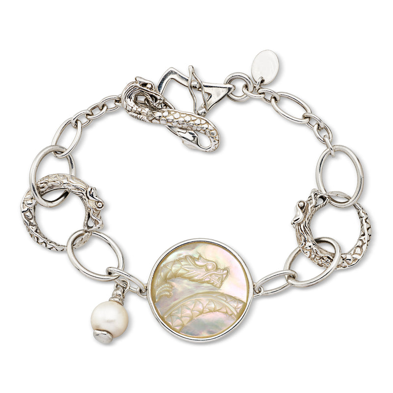 C. 1990 Vintage David Yurman Mother-of-Pearl Dragon Bracelet with 8mm Cultured Pearl in Sterling Silver. 7.5"
