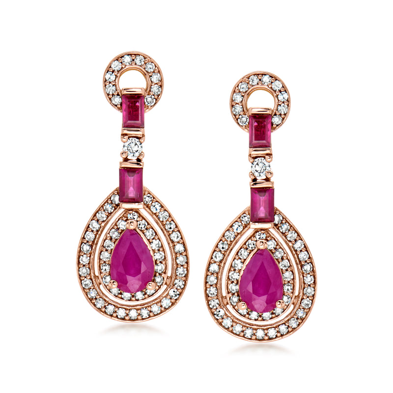 C. 2000 Vintage 1.70 ct. t.w. Ruby and .65 ct. t.w. Diamond Drop Earrings in 14kt Rose Gold
