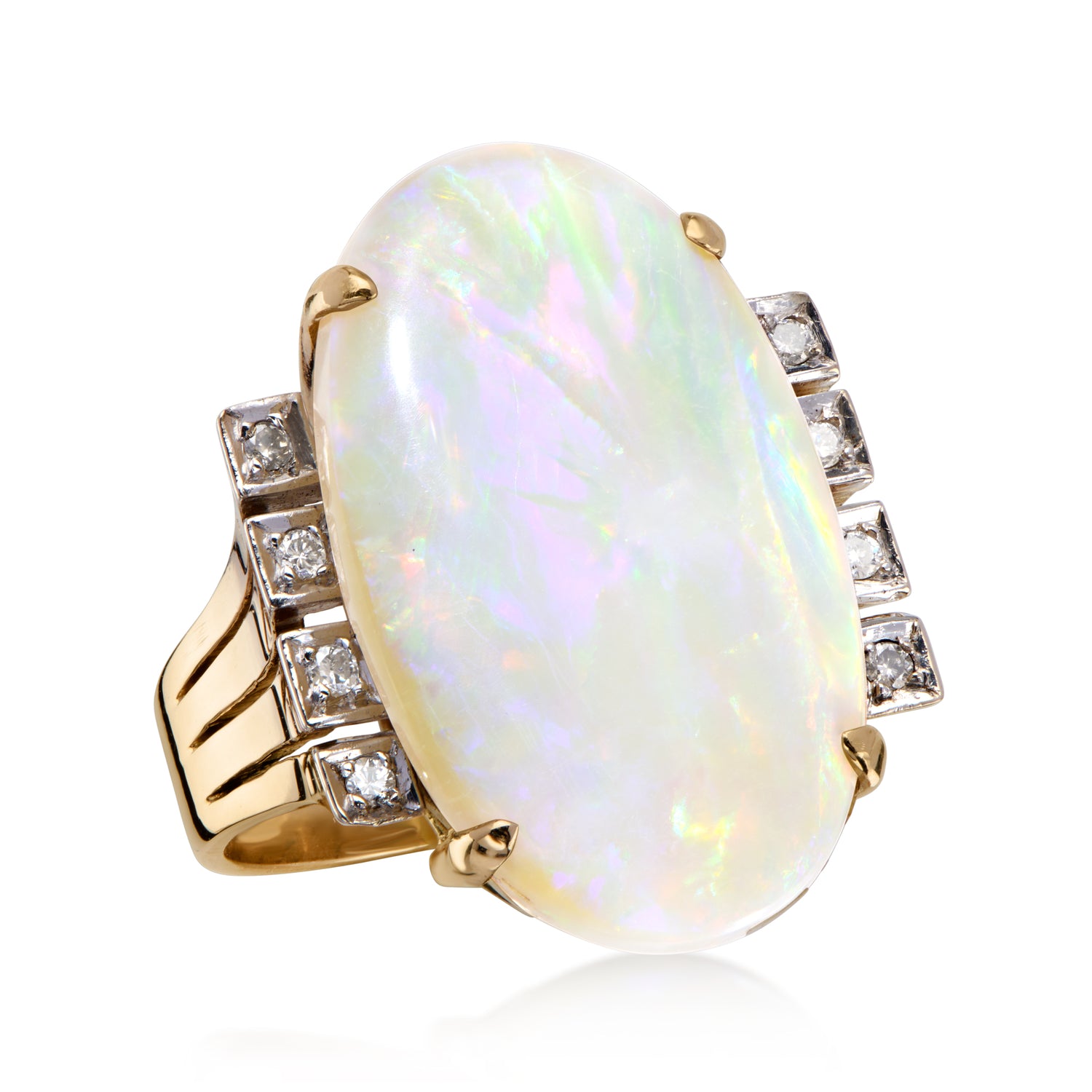 C. 1970 Vintage Opal Ring with .20 ct. t.w. Diamonds in 14kt Yellow Gold