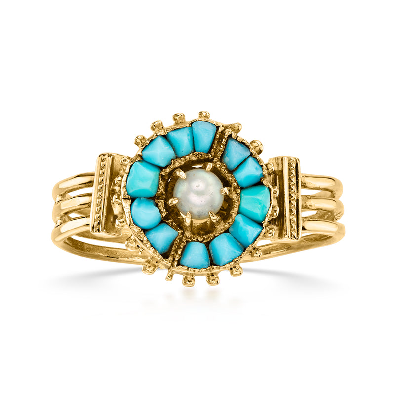 C. 1940 Vintage Turquoise Ring with Single 3mm Cultured Pearl in 14kt Yellow Gold. Size 5.75