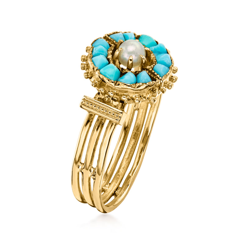 C. 1940 Vintage Turquoise Ring with Single 3mm Cultured Pearl in 14kt Yellow Gold. Size 5.75