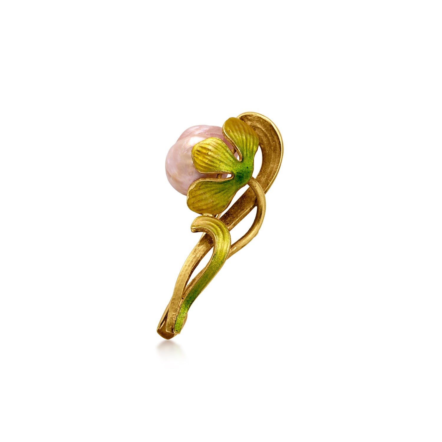 C. 1940 Vintage 8mm Pink Cultured Pearl Flower Pin with Enamel in 14kt Yellow Gold