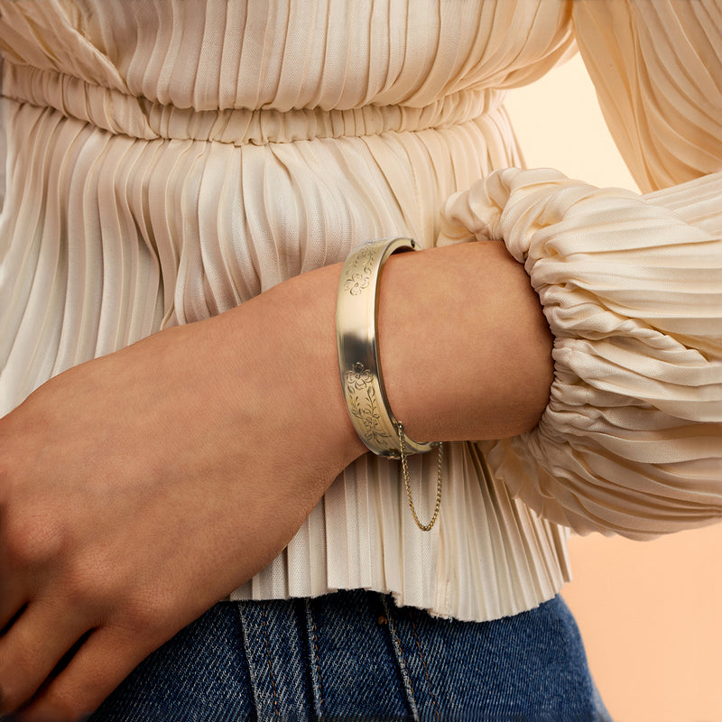 C. 1970 Vintage Gold-Filled Floral Bangle Bracelet. 7"