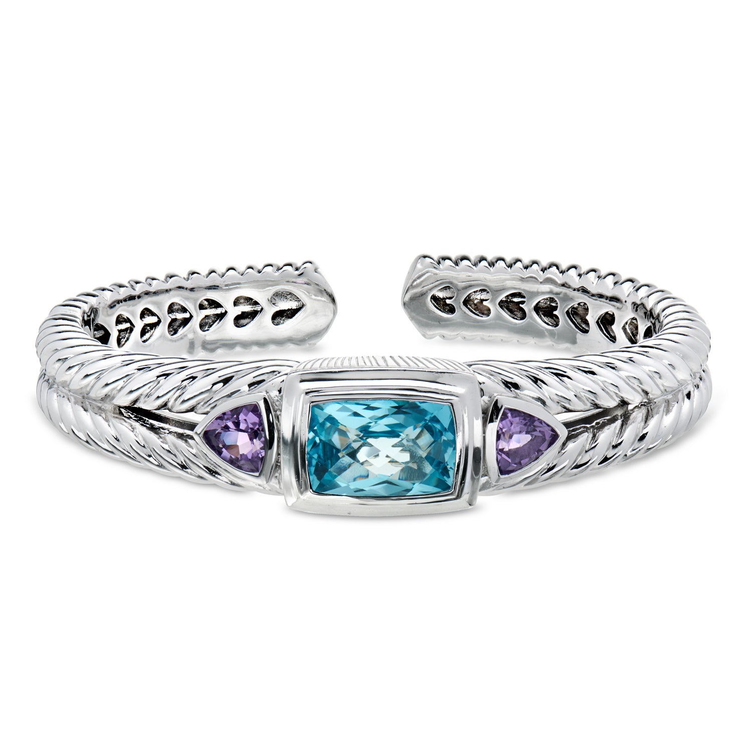 C. 2000 Vintage Judith Ripka 9.00 Carat Blue Topaz and 2.20 ct. t.w. Amethyst Bangle Bracelet in Sterling Silver