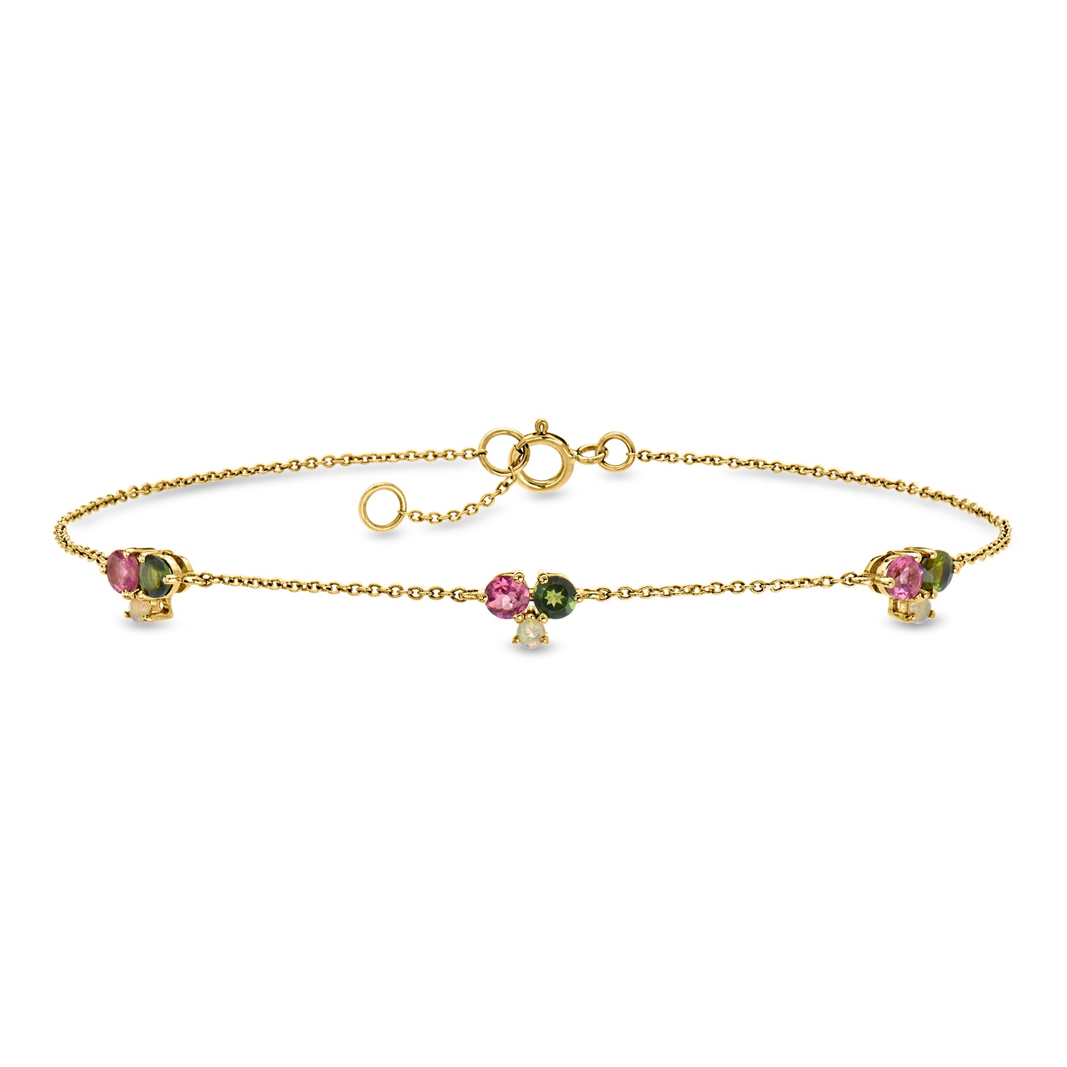 .50 ct. t.w. Pink and Green Tourmaline Station Bracelet with Opals in 10kt Yellow Gold