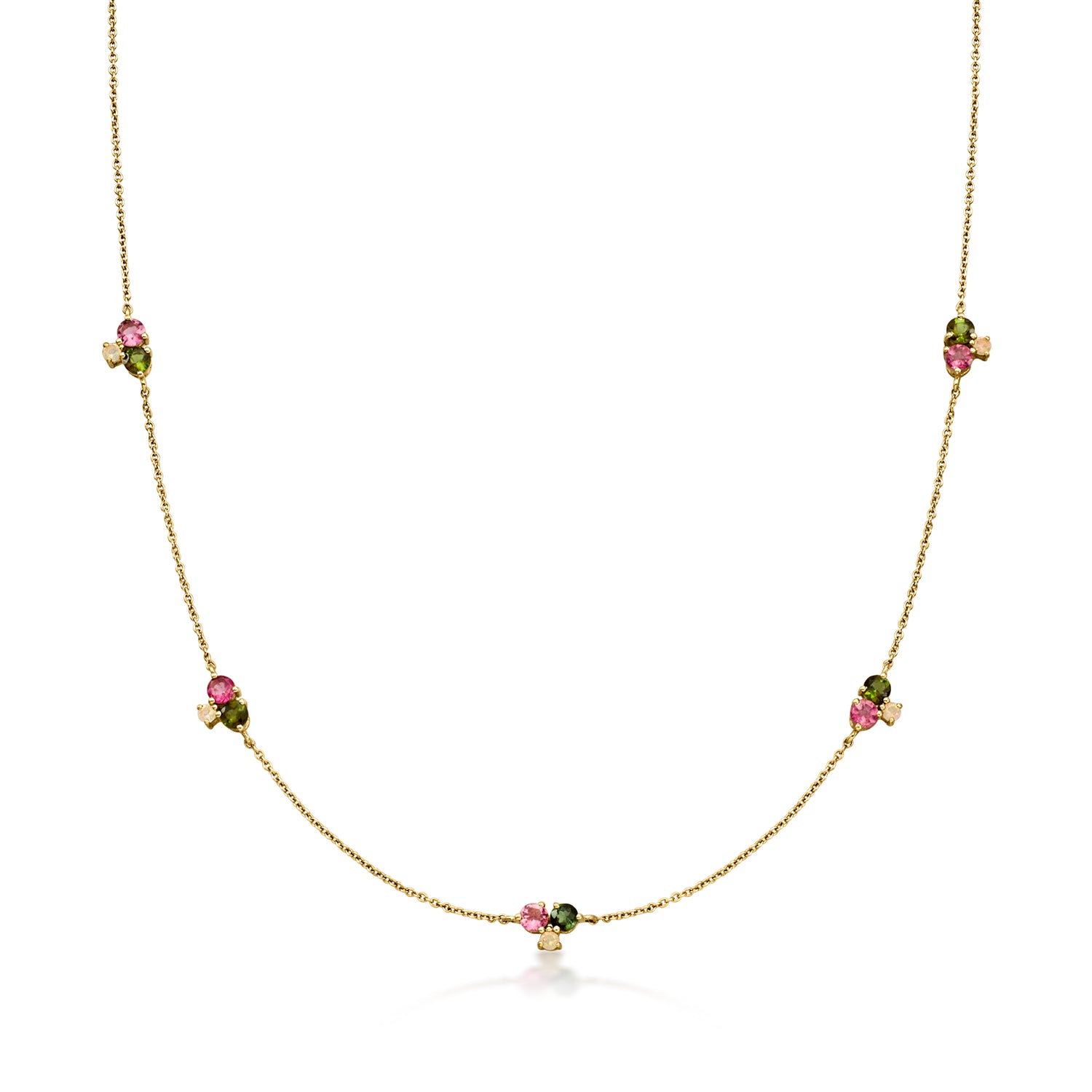 .80 ct. t.w. Pink and Green Tourmaline Station Necklace with Opals in 10kt Yellow Gold