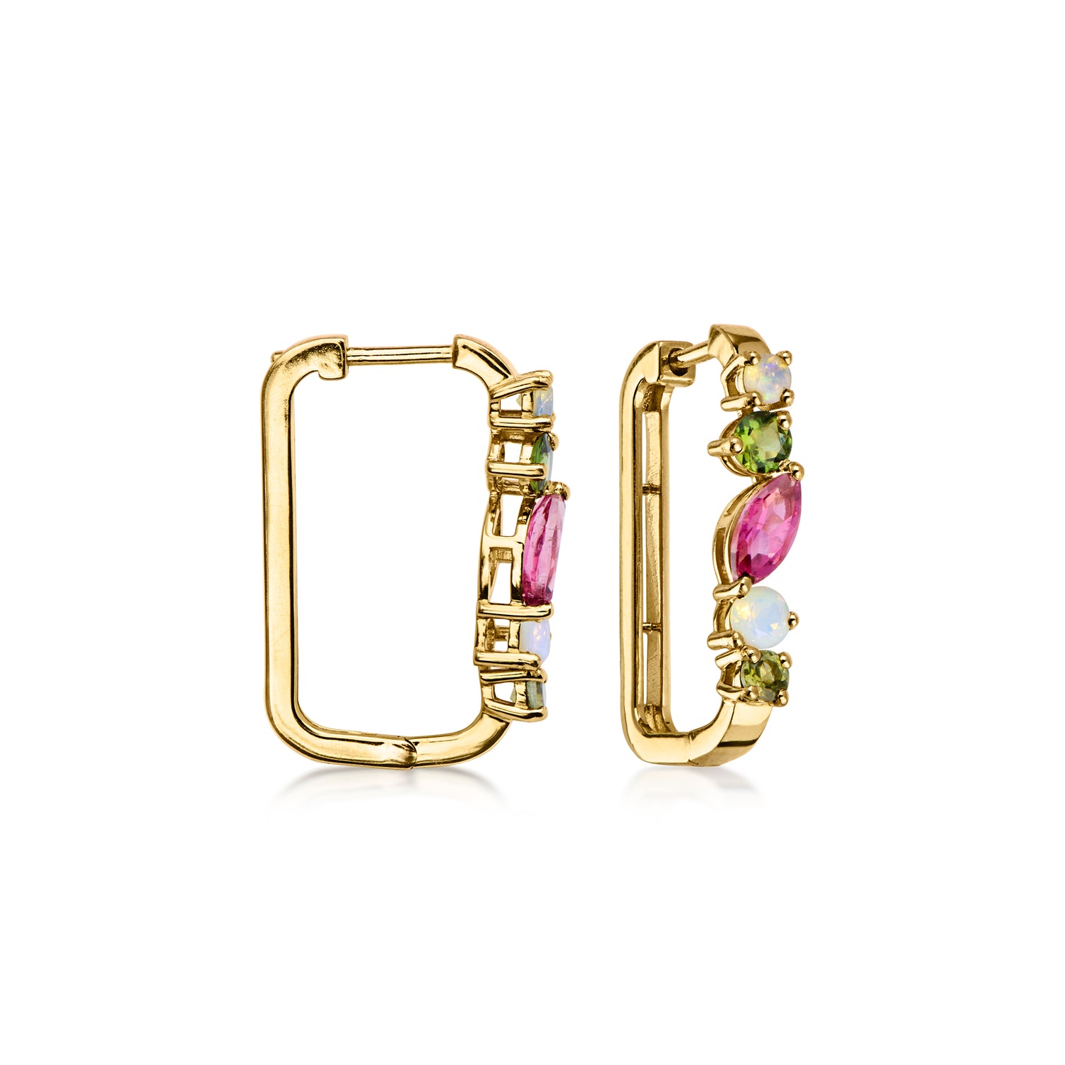 .80 ct. t.w. Pink and Green Tourmaline Squared Hoop Earrings with Opals in 10kt Yellow Gold