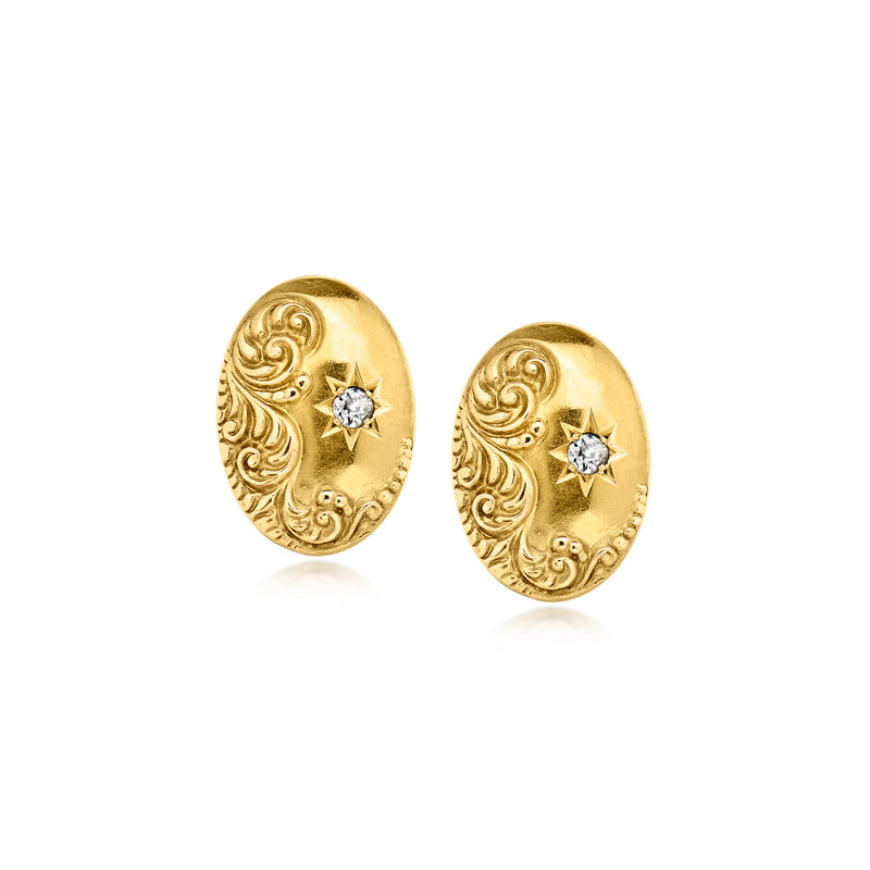 C. 1930 Vintage Gold-Filled Etched Swirl Earrings with .12 ct. t.w. Diamonds