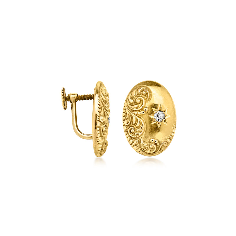 C. 1930 Vintage Gold-Filled Etched Swirl Earrings with .12 ct. t.w. Diamonds