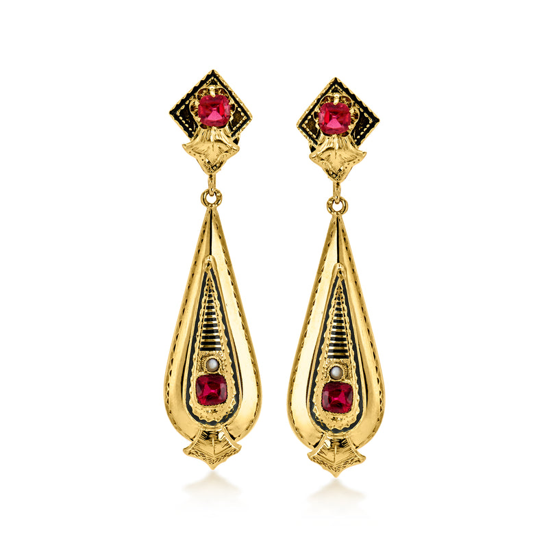 C. 1950 Vintage Simulated Ruby Drop Earrings with Seed Pearls and Black Enamel in 14kt Yellow Gold