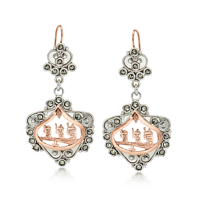 C. 1980 Vintage Marcasite Windmill Drop Earrings in Sterling Silver and 14kt Rose Gold Over Sterling