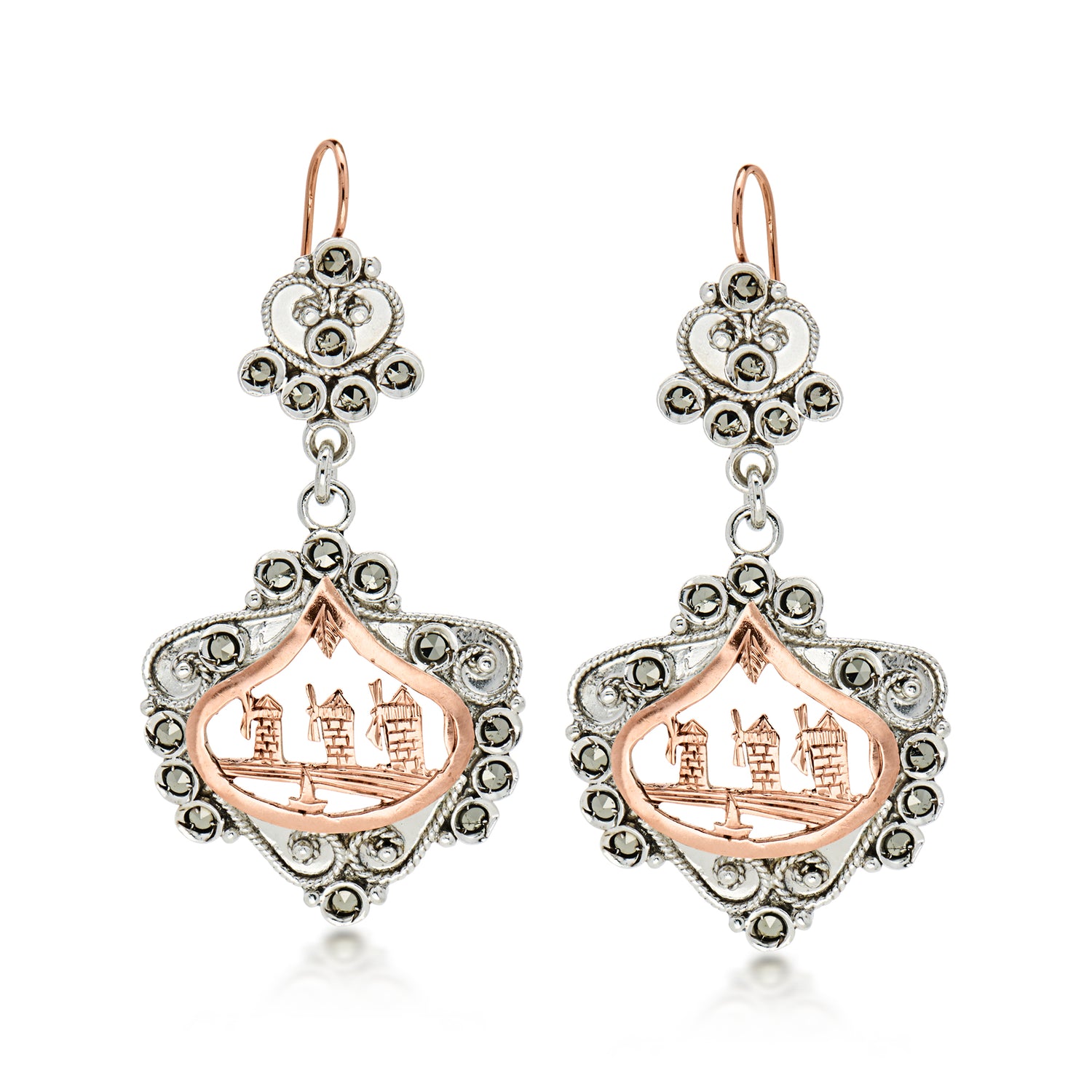 C. 1980 Vintage Marcasite Windmill Drop Earrings in Sterling Silver and 14kt Rose Gold Over Sterling
